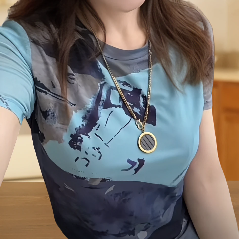 潮流水墨画印花短袖T恤网纱大码薄款休闲百搭圆领显瘦上衣女D1512