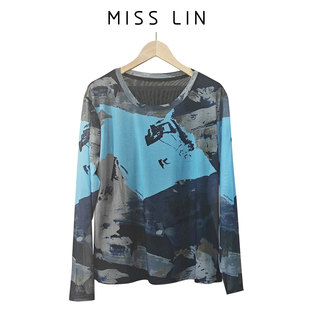 情缘碟潮流水墨画印花长袖T恤大码圆领网纱透气宽松遮肉上衣D1524