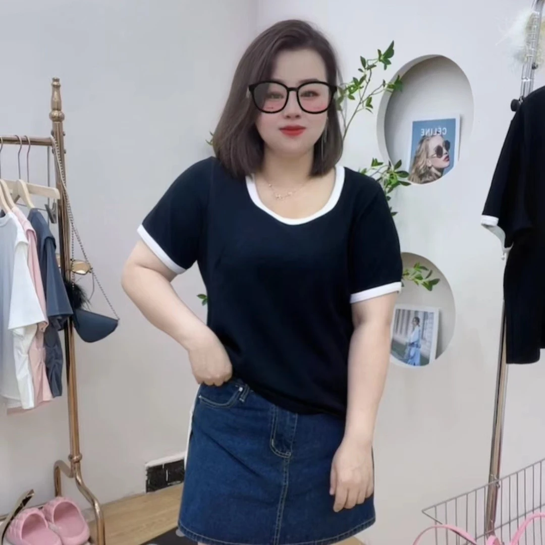 撞色正肩短袖t恤大码夏季显瘦遮肉U领宽松小众设计感百搭上衣女