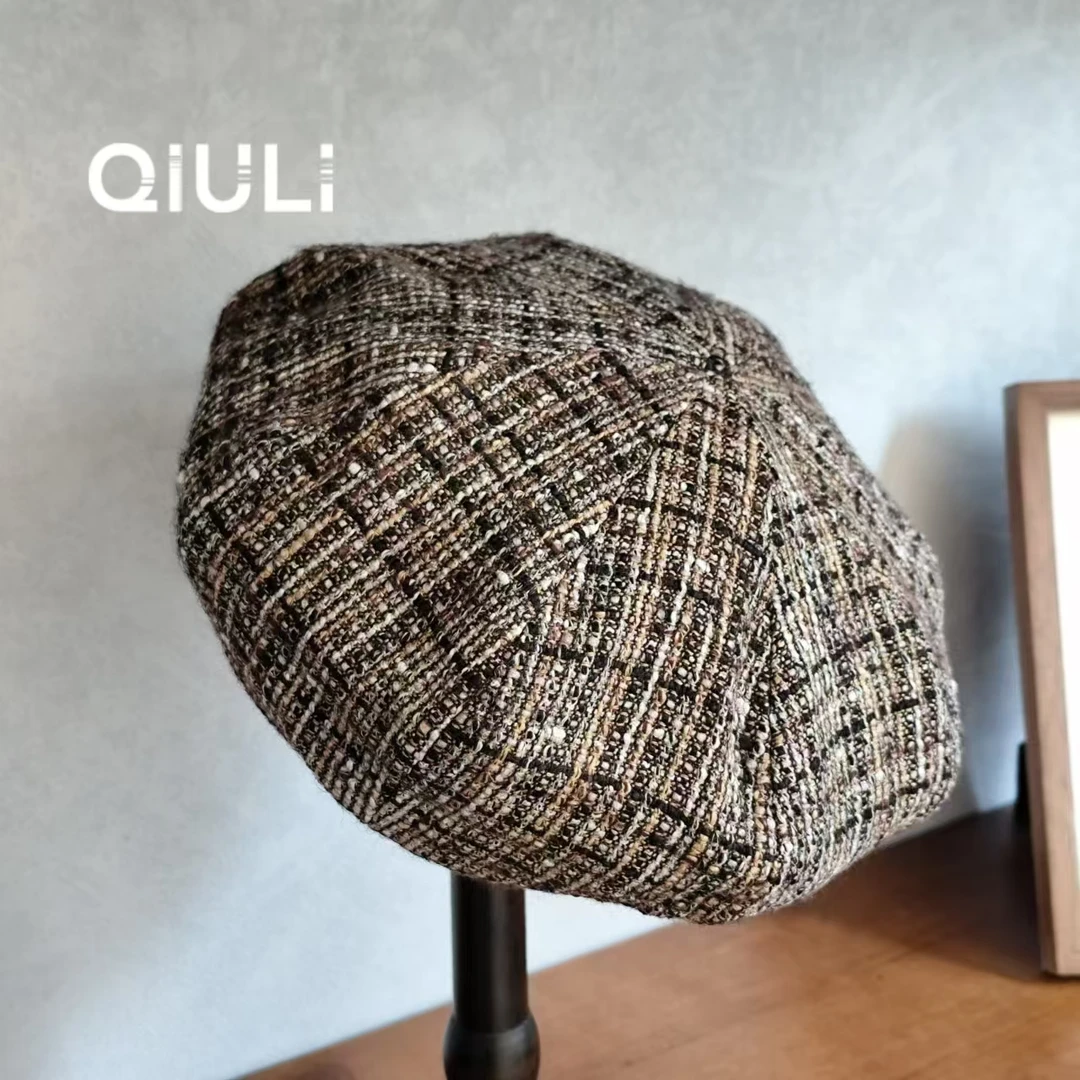 QIU LI · 秋冬新款气质百搭金咖色粗花呢贝雷帽 1d2065