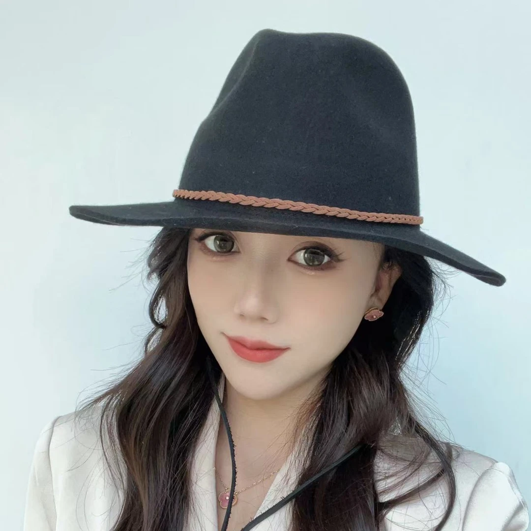 秋冬季羊毛带绳费多拉顶气质牛仔毡帽礼帽.  雪雪1542