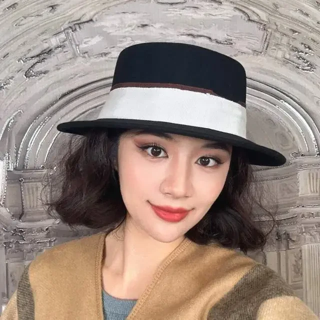 2d363 绵羊毛纯色织带平顶平檐礼帽毡帽.