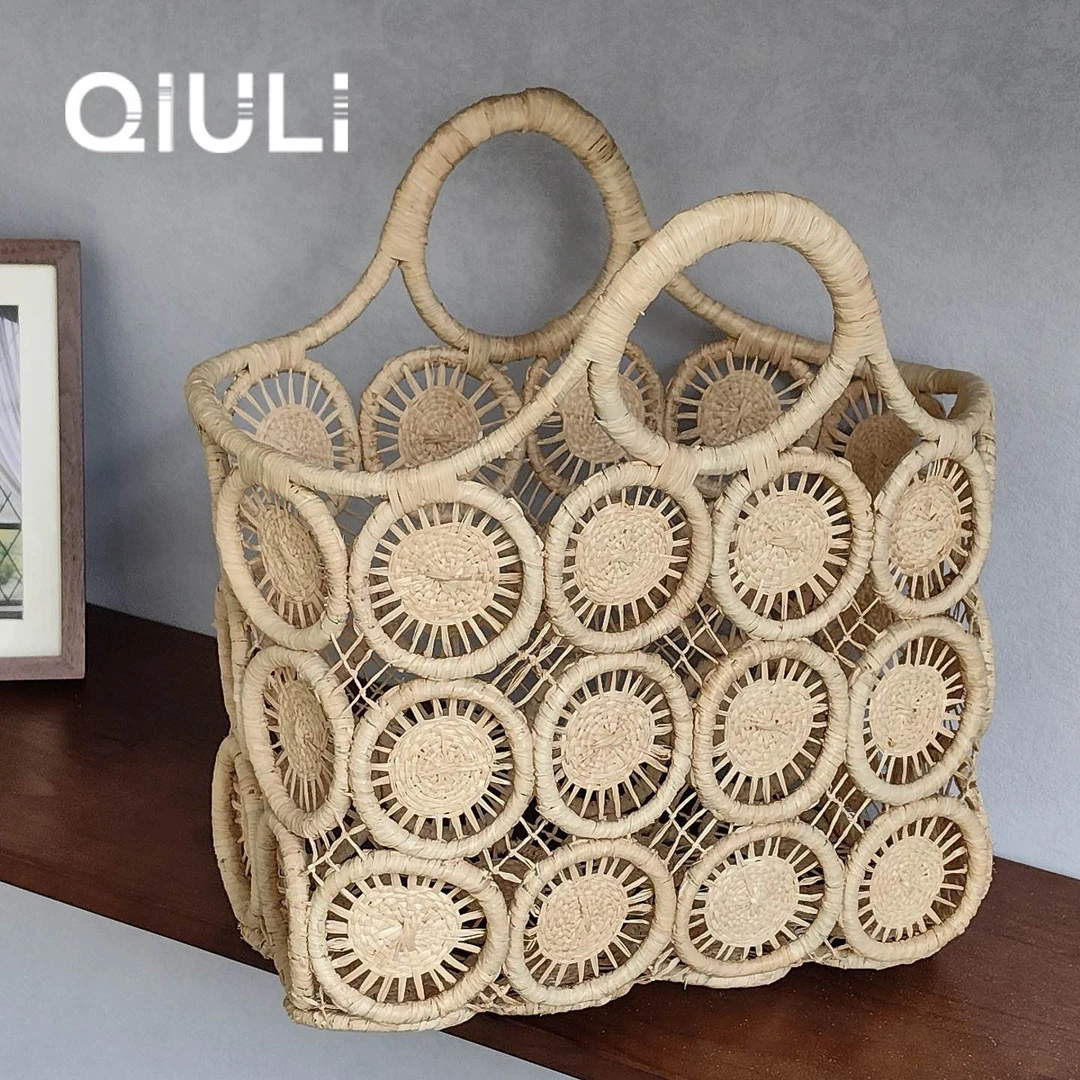 QIU LI ·【拉菲草】新款圆形车轮镂空时尚手工编织手提包  1c910