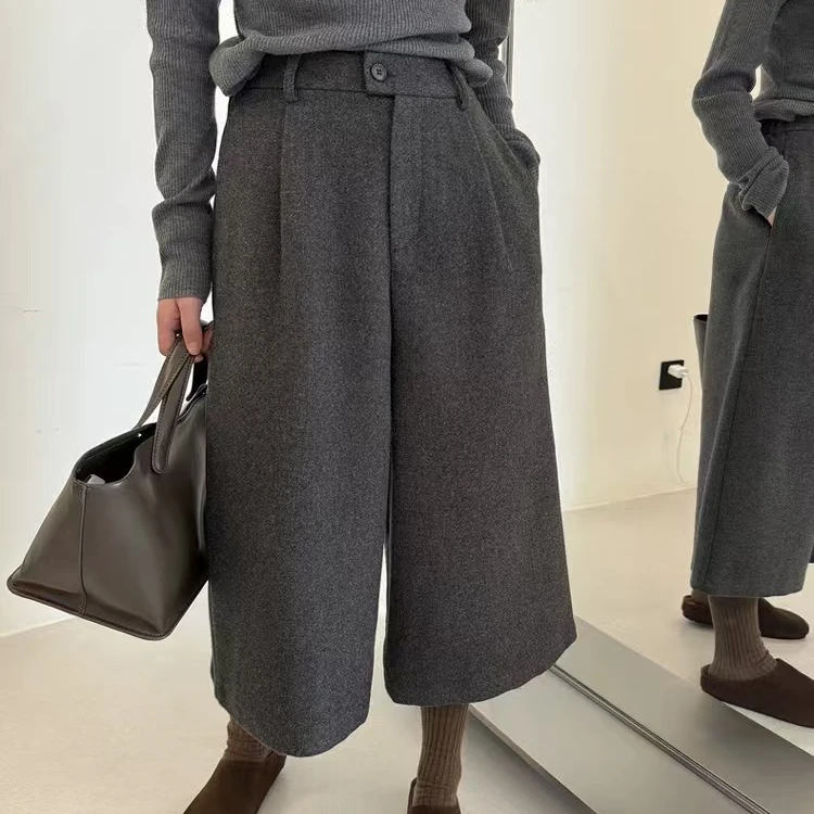SANYELAN2024秋季新款纯色毛呢直筒七分休闲裤7702