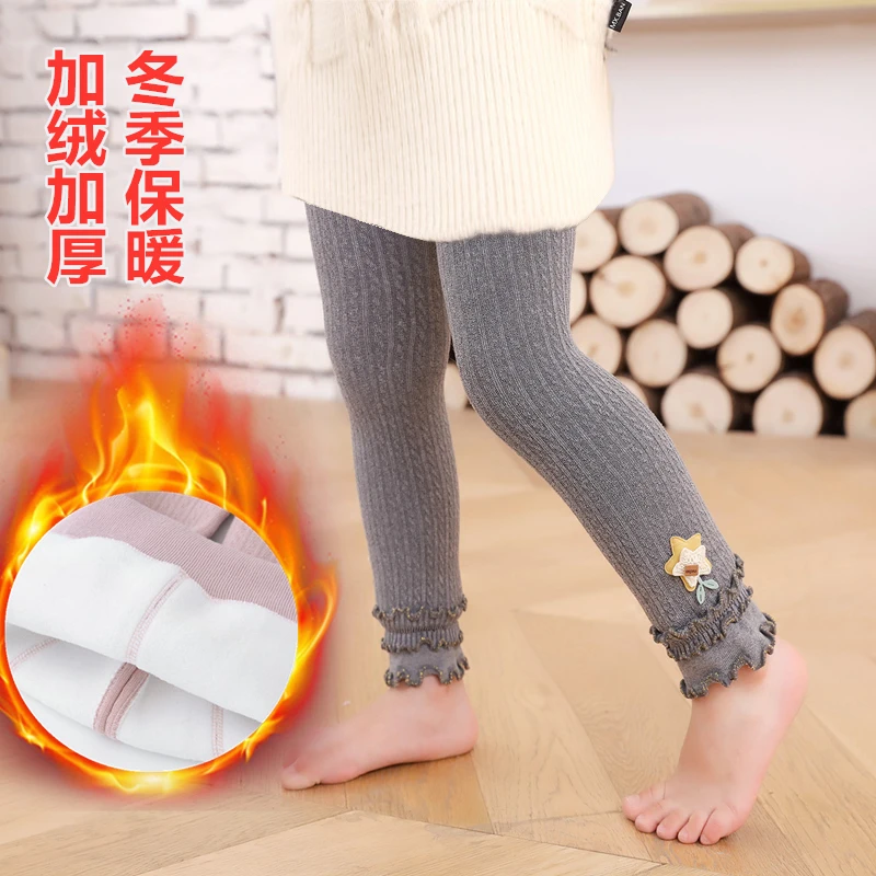 宝宝加绒加厚打底裤冬季婴儿可开档保暖裤修身九分花边公主棉裤袜