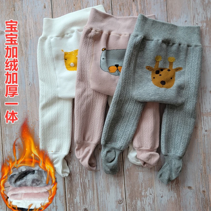 婴儿加绒加厚连裤袜冬天宝宝大屁屁档弹力高腰护肚卡通保暖打底裤