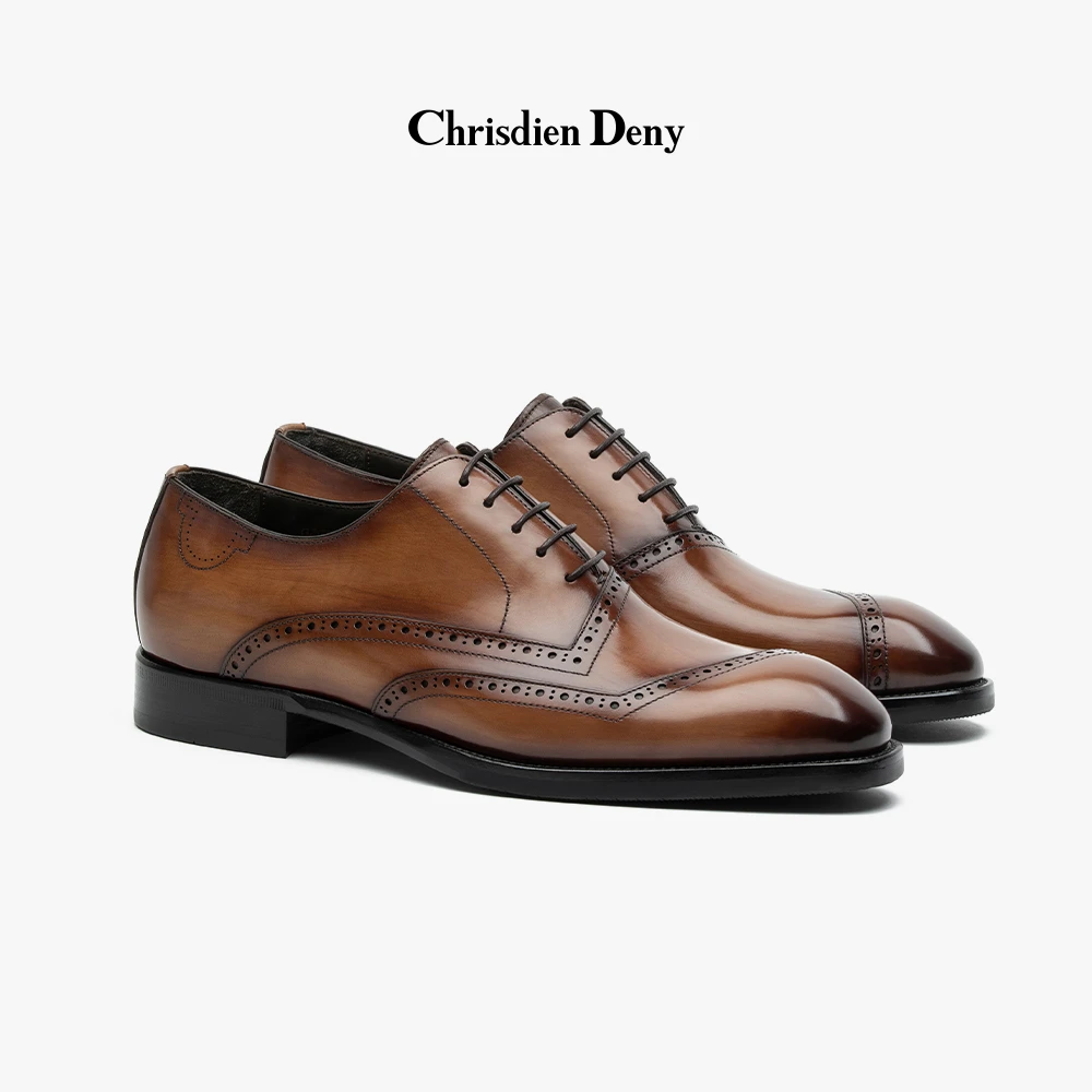 克雷斯丹尼进口系带商务正装英伦男士胎牛皮手工擦色牛津鞋