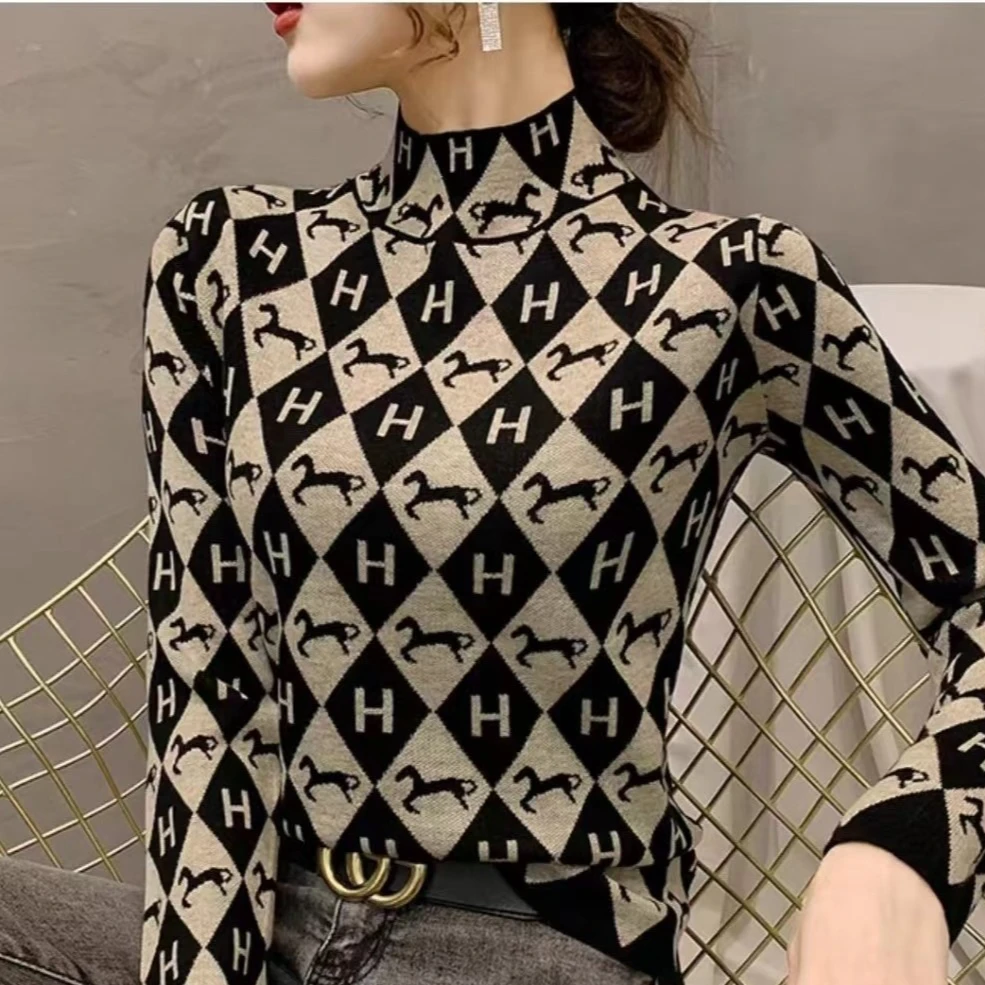 春秋新款双面德绒保暖女士内搭贴身上衣半高领小衫印花长袖打底衫