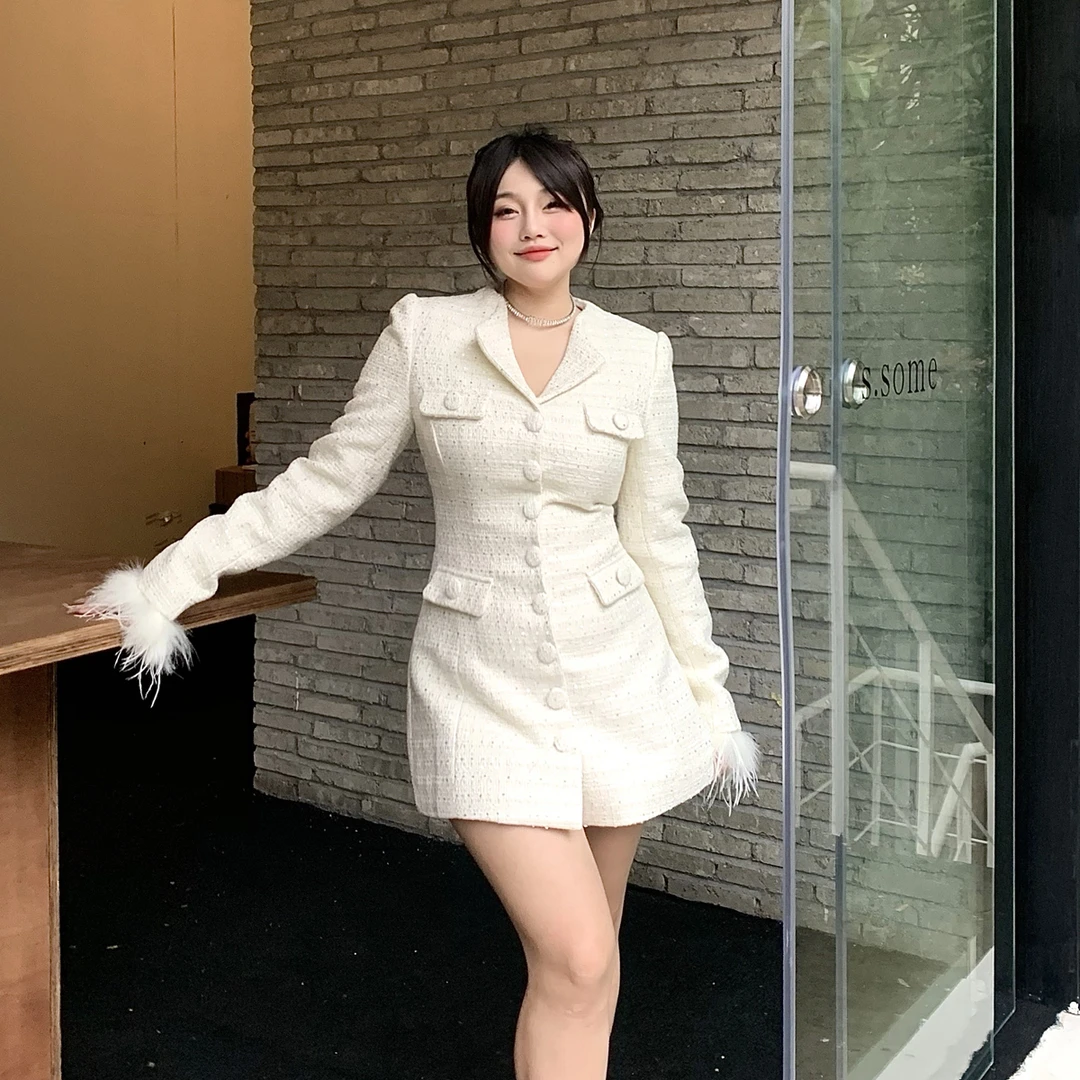 欣甜同款 小香风【富家千金】连衣裙毛边长袖修身收腰包臀裙-20674