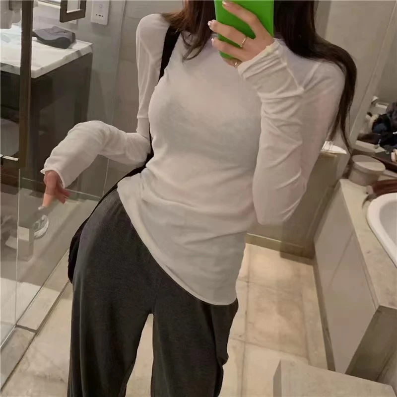 百搭修身修身纯色长袖显瘦网红时尚圆领上衣打底6156