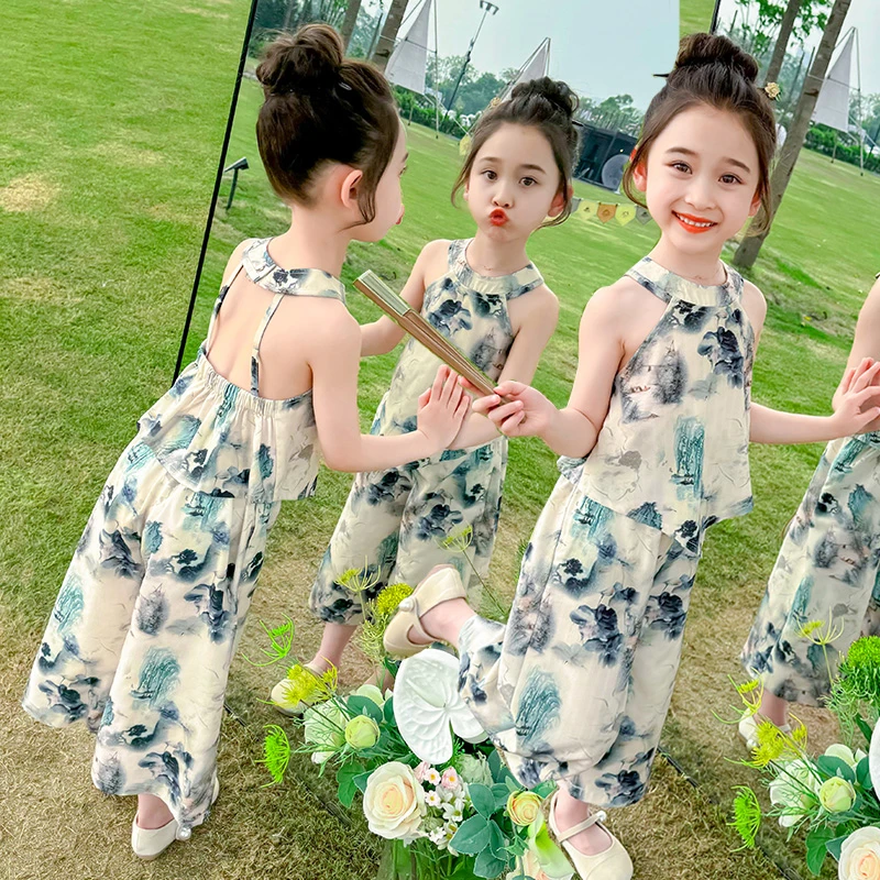 女童中国风挂脖套装夏季新款网红中式阔腿裤两件套女孩宝宝洋气
