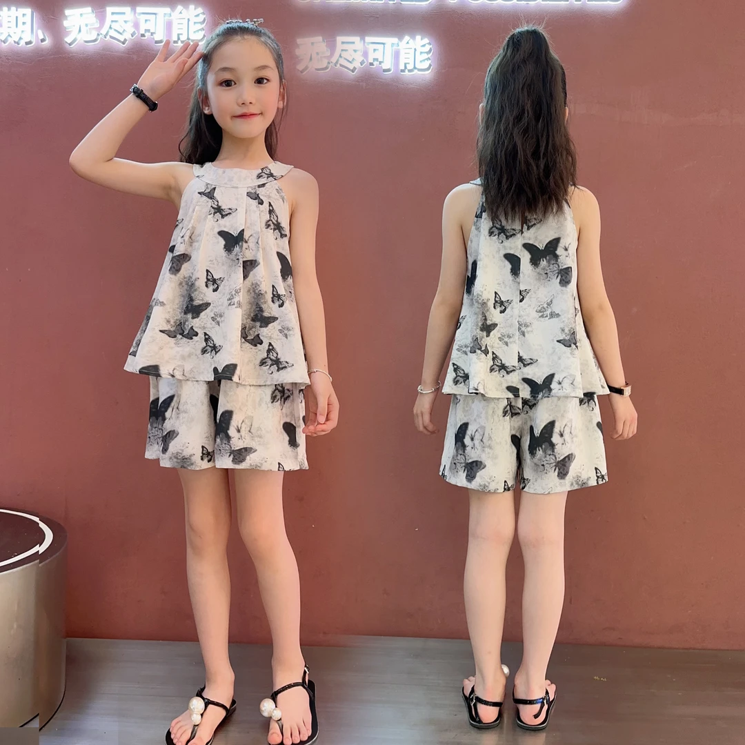 女童夏装套装洋气时尚蝴蝶挂脖儿童夏季女孩甜美印花两件套休闲