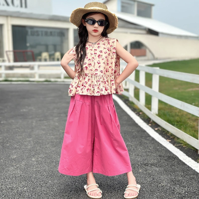套装上衣碎花女童时尚休闲夏季无袖儿童显瘦洋气复古阔腿宽松花朵