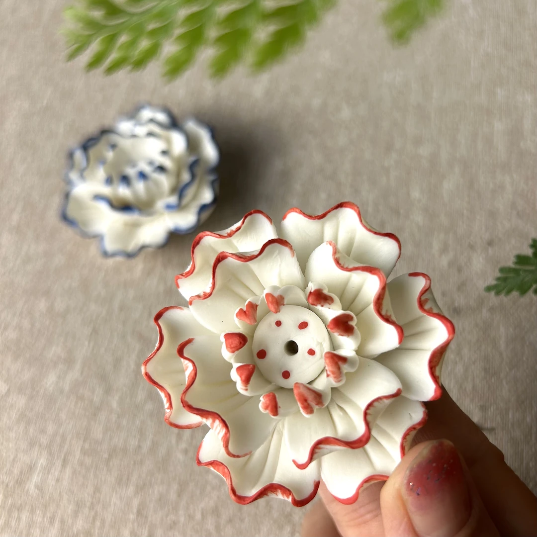 手工捏花小摆件陶瓷小香插莲花香座摆件陶瓷花香炉家用室内精香插