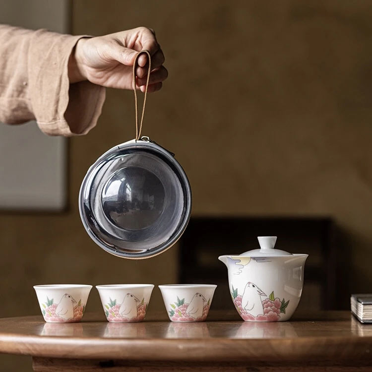 玉兔望月陶瓷新款快客杯便携包收纳旅行茶具套装户外露营泡茶喝茶