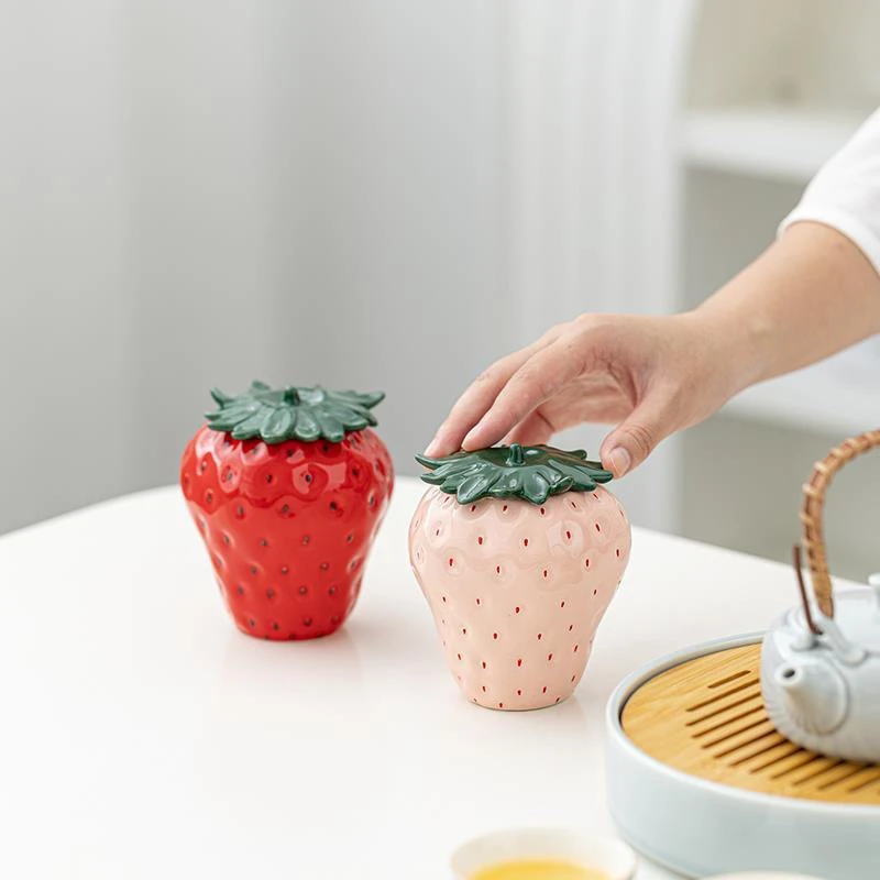 草莓茶叶罐迷你便携旅行随身茶罐车载茶桌摆件泡茶工具家用药粉罐