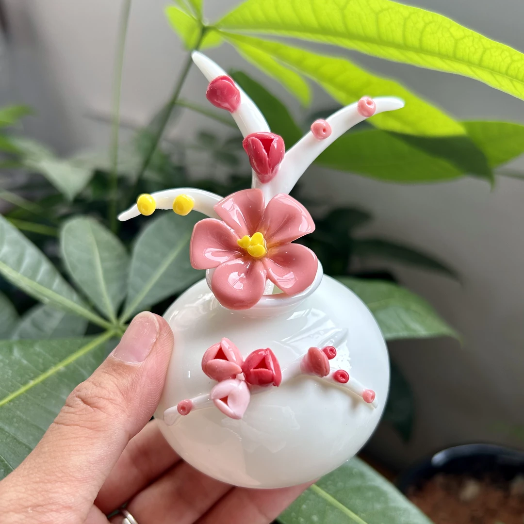 手工捏花陶瓷花瓶摆件创意陶瓷花器夹+花枝两件套精致小摆件