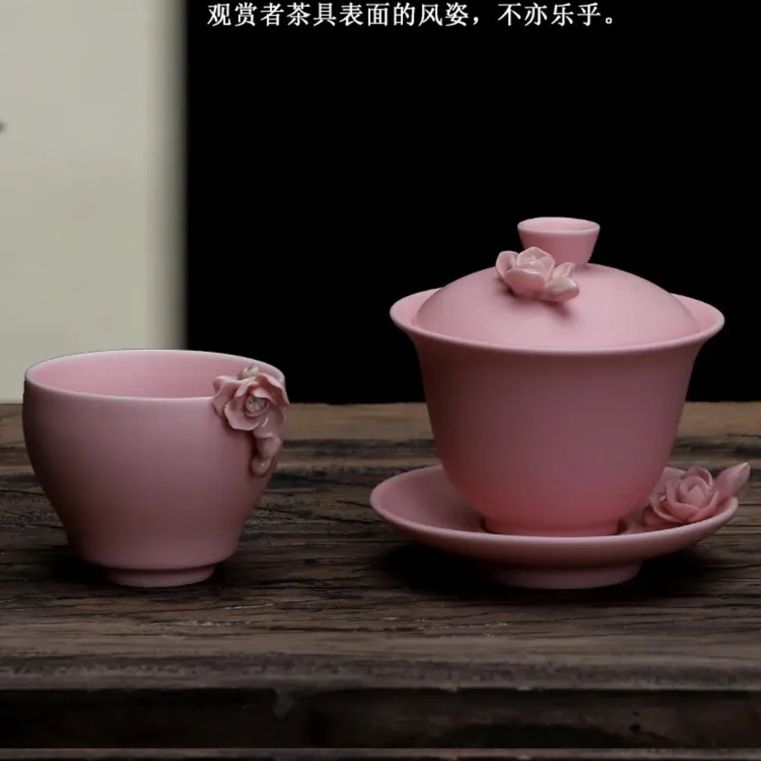 粉汝窑功夫茶具2023新款喝茶办公室会客陶瓷盖碗茶杯子小套装女士