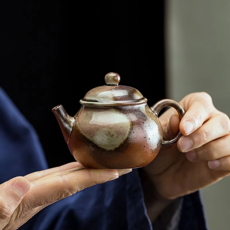 仿古柴烧釉迷你茶壶窑变复古球孔滤茶手执正把壶家用陶瓷小单壶