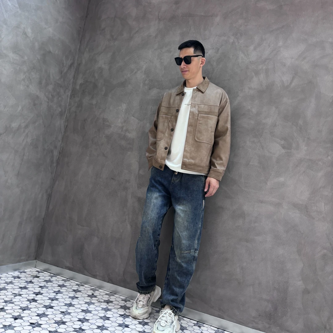 长袖秋季百搭时尚潮流夹克休闲男外套牛仔复古宽松翻领男士