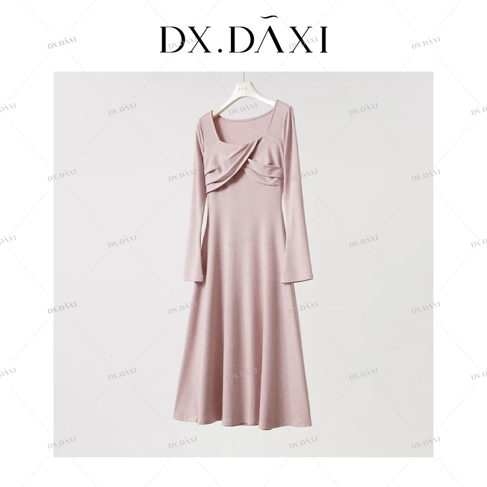 代大喜【安妮画报】设计感交叉百搭时尚粉色连衣裙秋新款长袖长裙