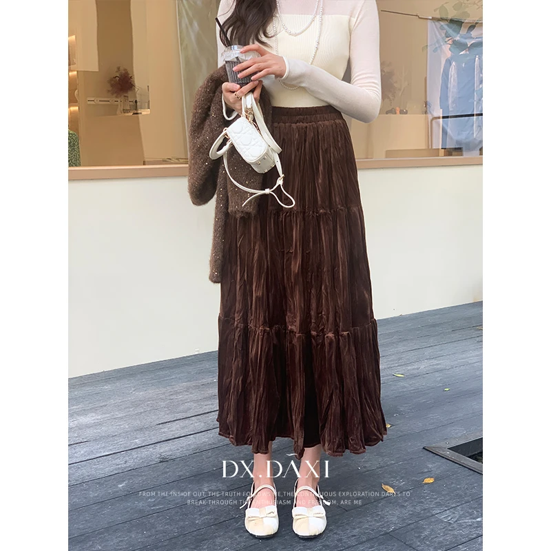 代大喜【熔岩巧克力】气质百搭高腰丝绒半裙秋季新款咖色休闲长裙