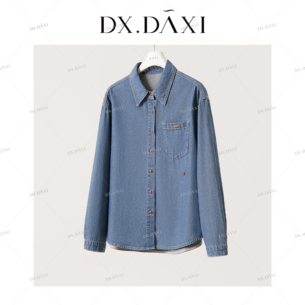 代大喜【落日寄风】港味复古百搭纯色牛仔蓝色衬衫秋新款长袖上衣