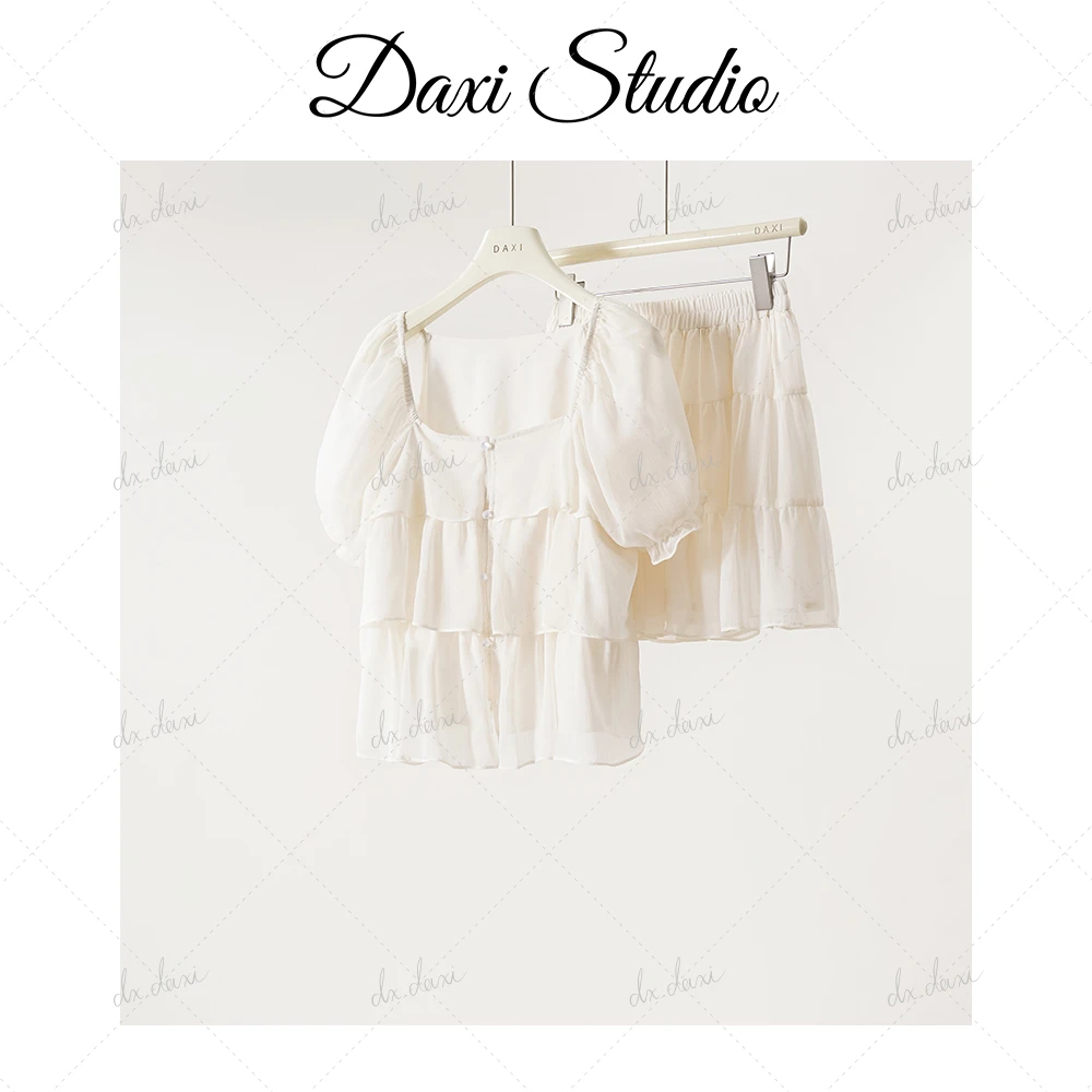 DX.DAXI【初恋白月光】春夏新款方领短袖衬衫女宽松荷叶边甜美套装