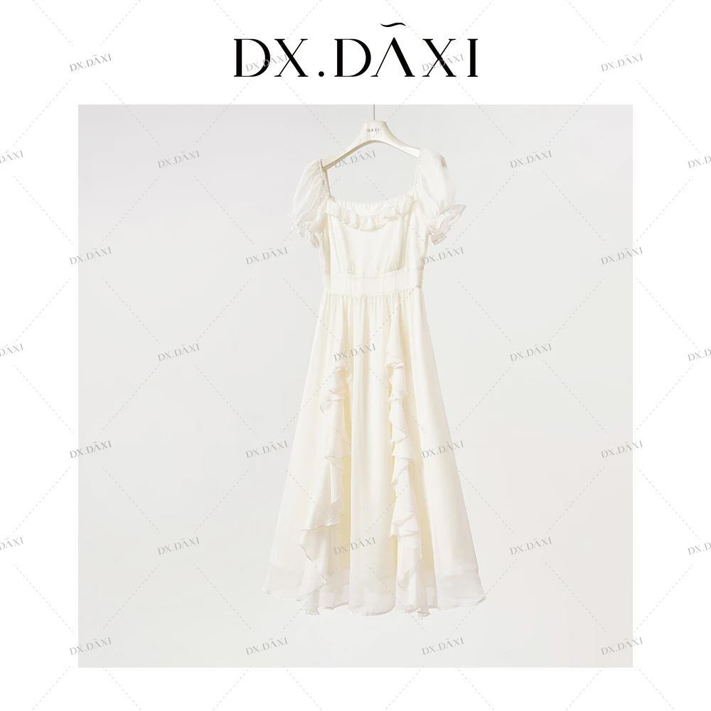 代大喜【奶昔甜糕】白色公主气质泡泡袖高腰纯色荷叶边连衣裙长裙