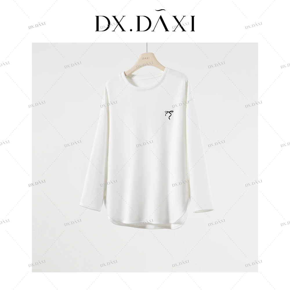 代大喜【云朵触感】百搭宽松简约T恤刺绣加绒打底衫冬新款长袖上衣