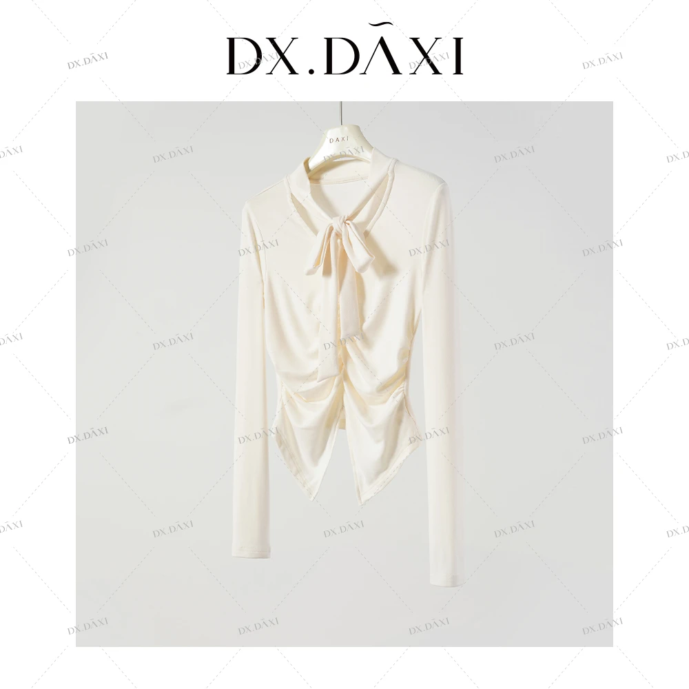代大喜【白茶月光】纯色V领收腰飘带长袖上衣秋新款抽褶修身打底衫