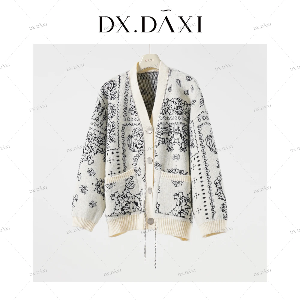 代大喜【图案美术馆】宽松显瘦百搭休闲针织开衫秋季新款长袖毛衣