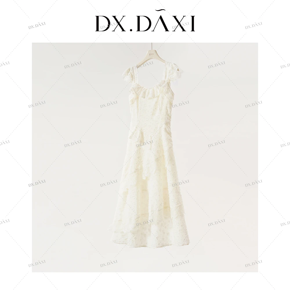 DX.DAXI【白梦恋语】荷叶边吊带连衣裙女拼接蕾丝不规则设计感长裙