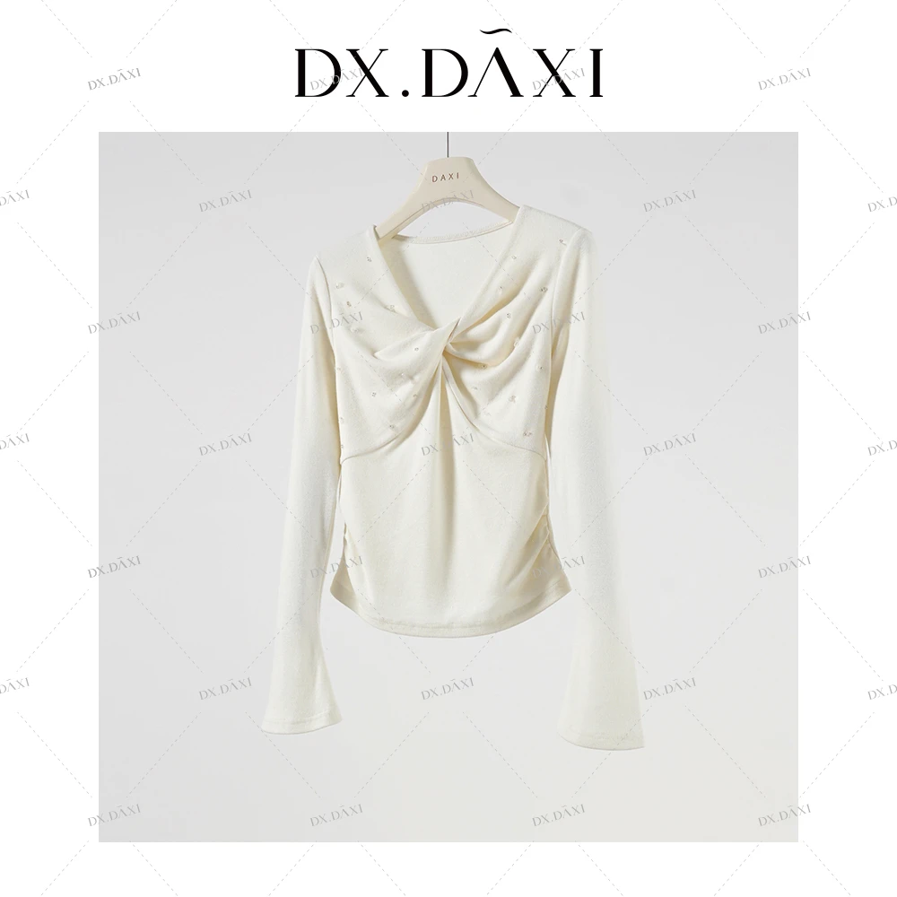 代大喜【奶油落霜】高级设计感钉珠V领长袖打底衫秋季新款百搭上衣