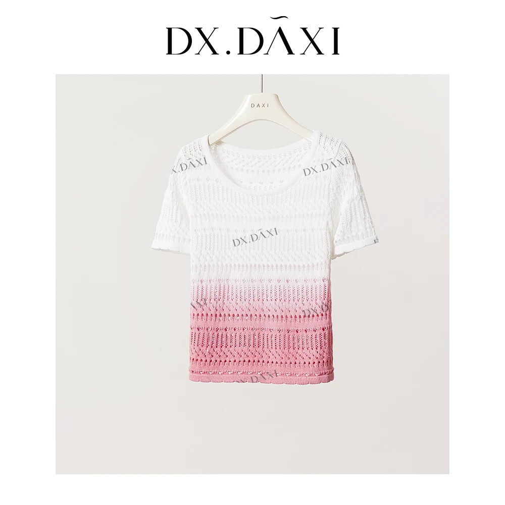 代大喜【夏日方糖】渐变粉蓝镂空圆领针织短袖夏气质百搭休闲上衣