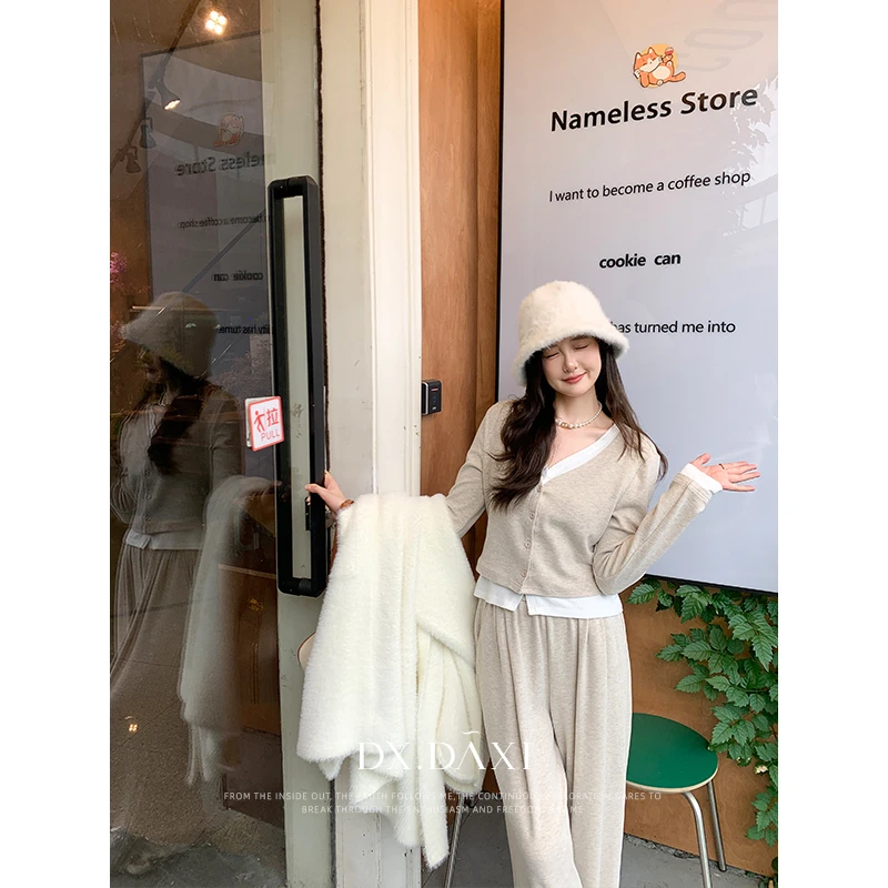 代大喜【糖渍栗子】针织开衫假两件休闲阔腿裤两件套秋季新款套装