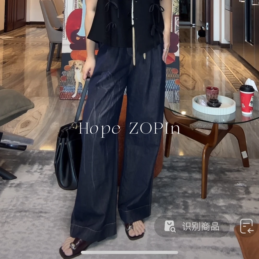 【大G精选】“超薄牛仔裤” 设计感抽绳松紧腰印花休闲直筒牛仔裤