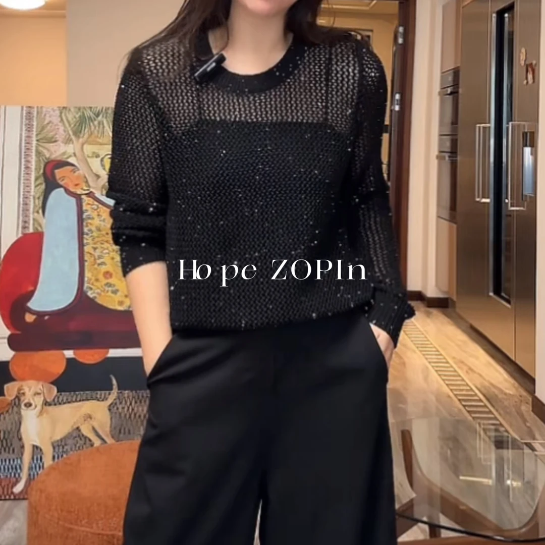 【大G精选】“劳斯莱斯星空顶” 编织镂空亮片蒙透衫长袖圆领上衣