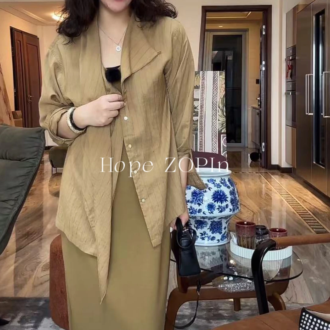 【大G精选】“中式老钱风” 法式东方亚麻混纺不对称斜门襟衬衫