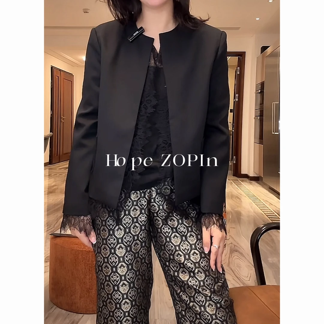 【大G精选】“精奢碰撞” 设计感羊毛混纺蕾丝拼接双口袋拉链外套