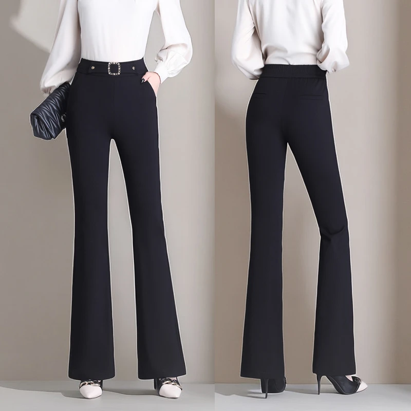 弹力高腰微喇裤子女2025春秋新款松紧腰修身休闲裤百搭微喇叭裤子