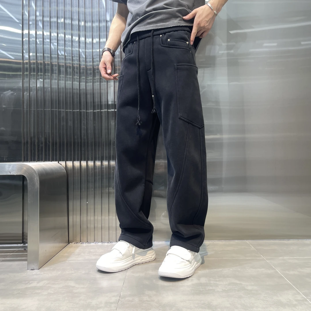 秋冬新款美式弯刀裤宽松直筒男士大码水洗阔腿复古高街潮牌休闲裤