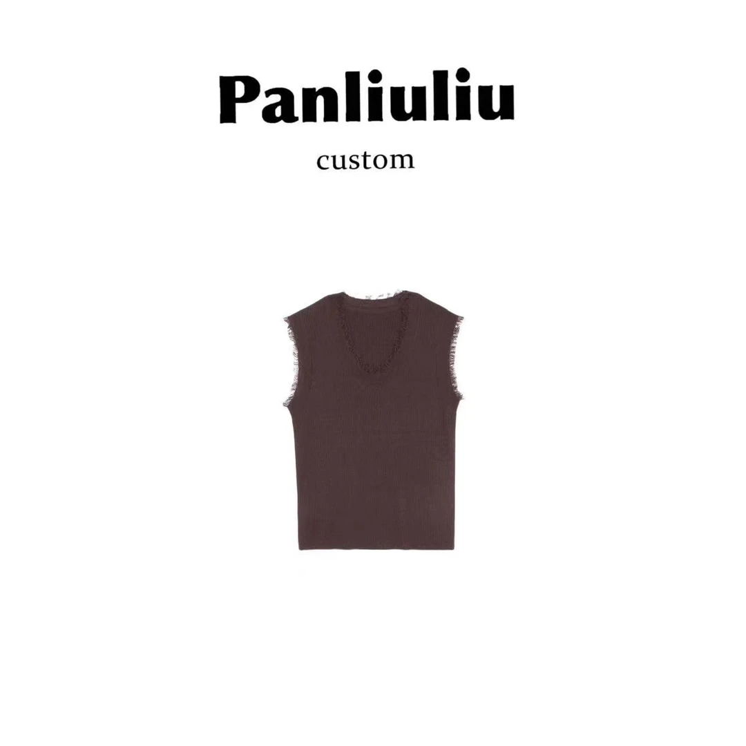 Panliuliu&【茶歇】复古小香风毛边圆领毛衣L81186