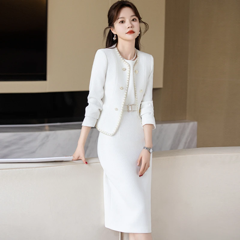 白色小香风外套女春秋2025年新款高级感气质名媛休闲连衣裙两件套