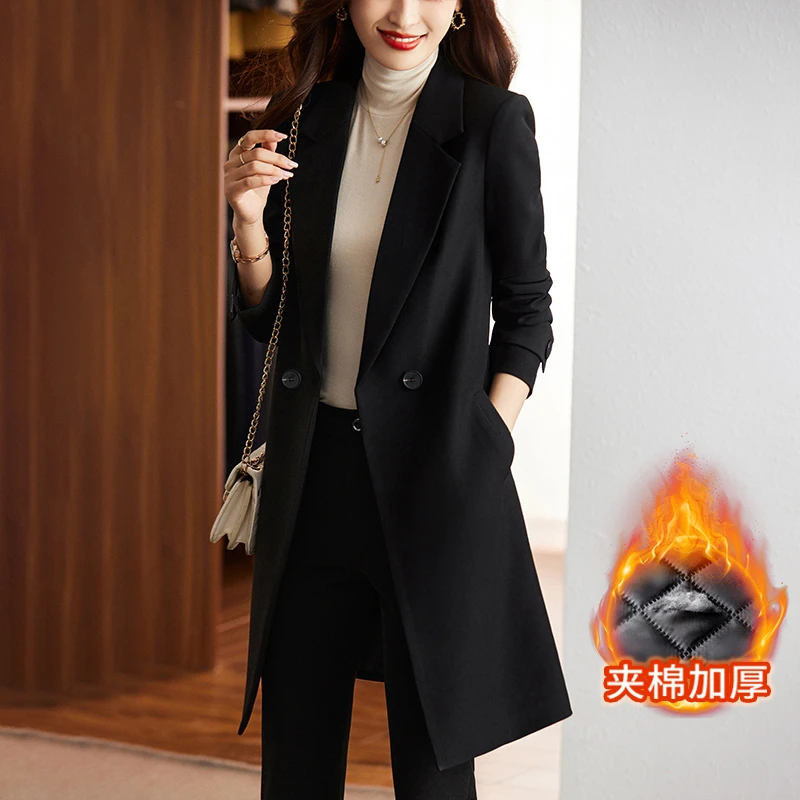 黑色中长款西装风衣外套女休闲2025新款秋冬季夹棉气质职业装西服