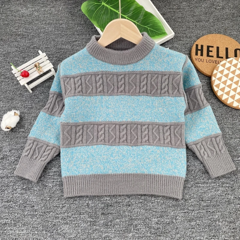 新款中童儿童毛衣针织衫男童条纹圆领套头洋气潮秋冬韩版童装
