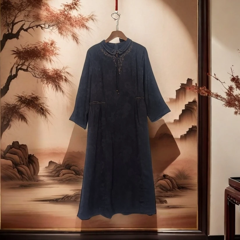 698【金姐专属】新款黑色重磅中国风中长款长袖旗袍连衣裙