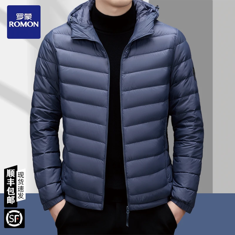 罗蒙冬季新爆款男士轻薄连帽羽绒服短款白鸭绒保暖外套时尚潮轻便