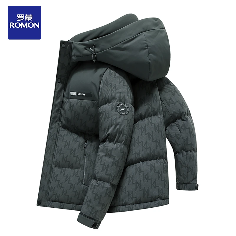 罗蒙羽绒服拼接青年加厚连帽时尚休闲保暖白鸭绒连帽冬季外套防寒