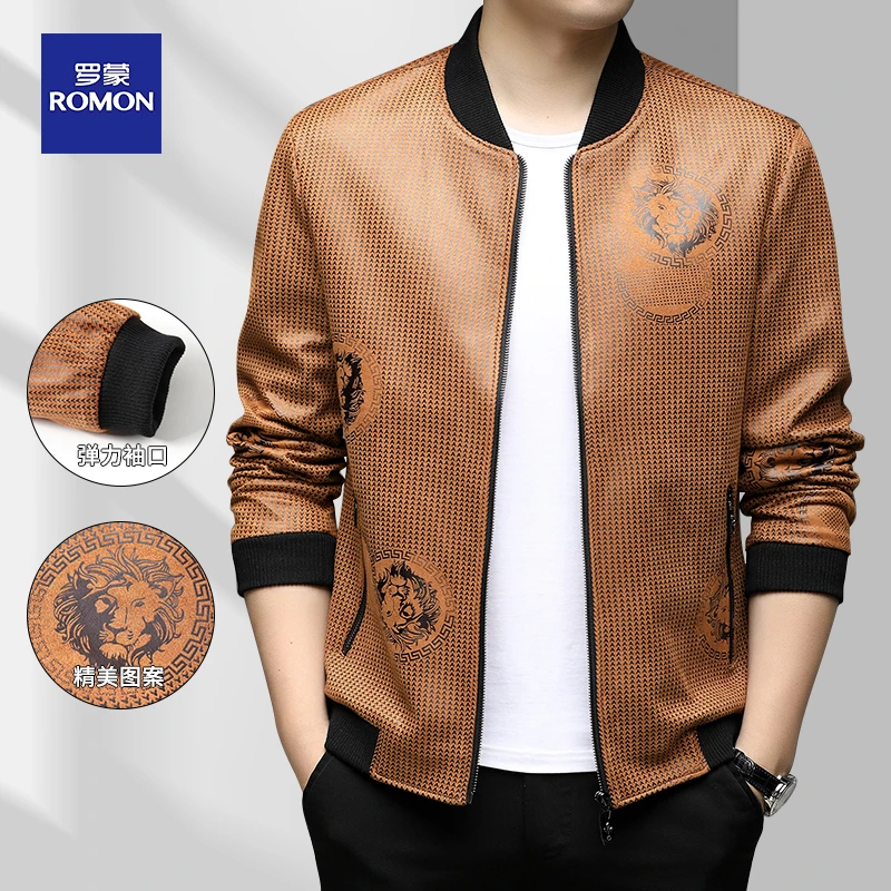 Romon/罗蒙夹克新款外套男士立领修身棒球服潮流休闲百搭印花上衣
